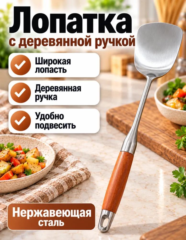 Лопатка кулинарная из нержавеющей стали с деревянной ручкой