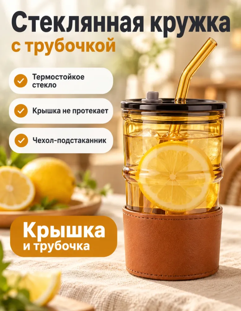 Кружка стеклянная Bamboo joint с крышкой, трубочкой и чехлом