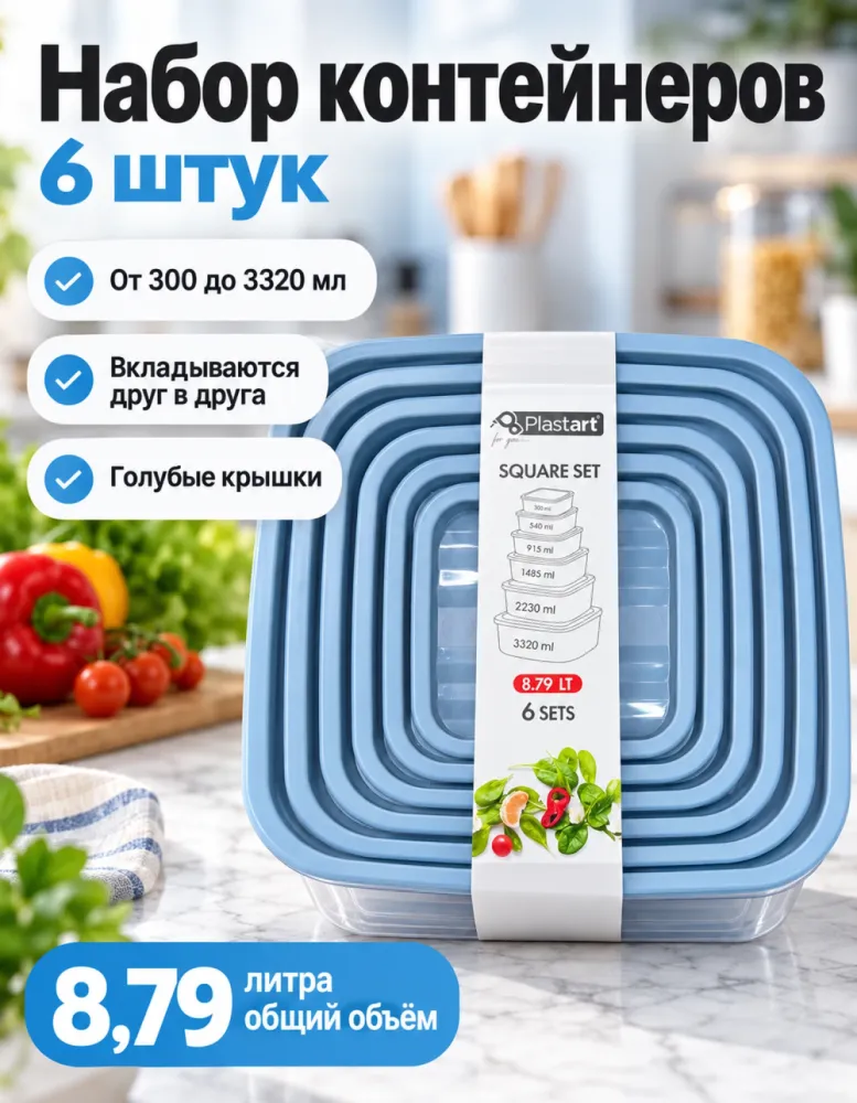 Набор контейнеров Plastart Square Set 6 шт, от 300 до 3320 мл