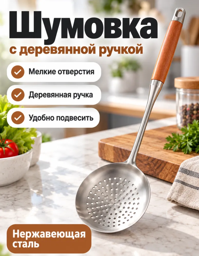 Шумовка из нержавеющей стали с деревянной ручкой