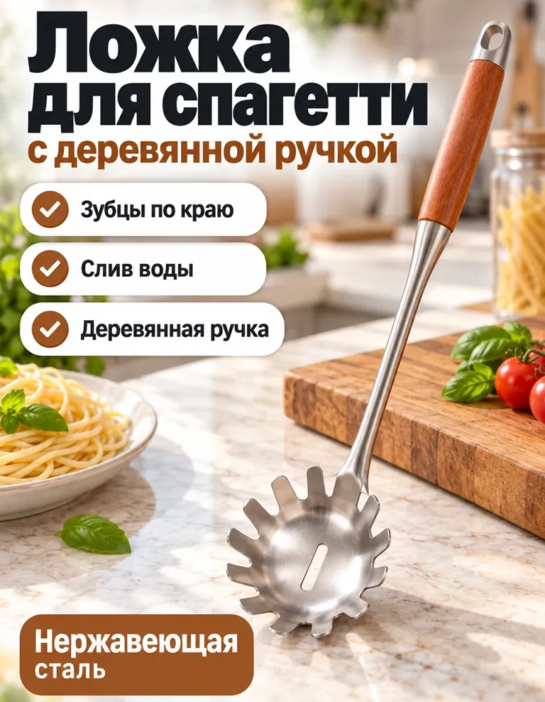 Ложка для спагетти из нержавеющей стали с деревянной ручкой