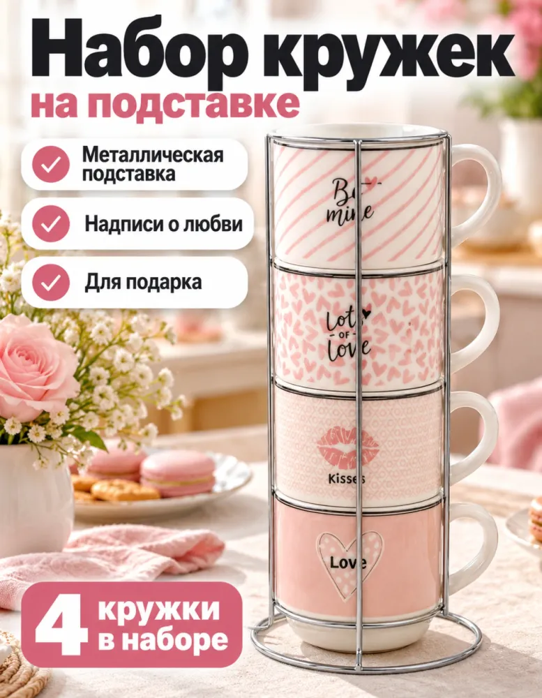 Набор кружек 4 Mugs with frame на металлической подставке