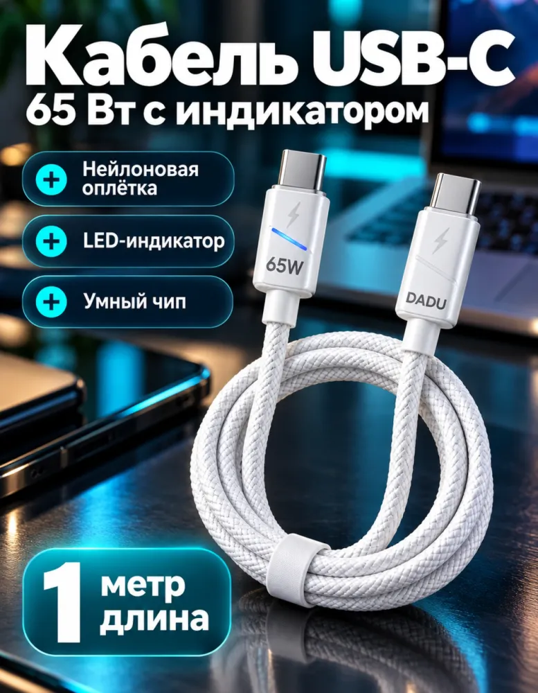 Кабель DADU DC-C292 USB-C — USB-C 65 Вт, 1 м, с LED-индикатором, белый