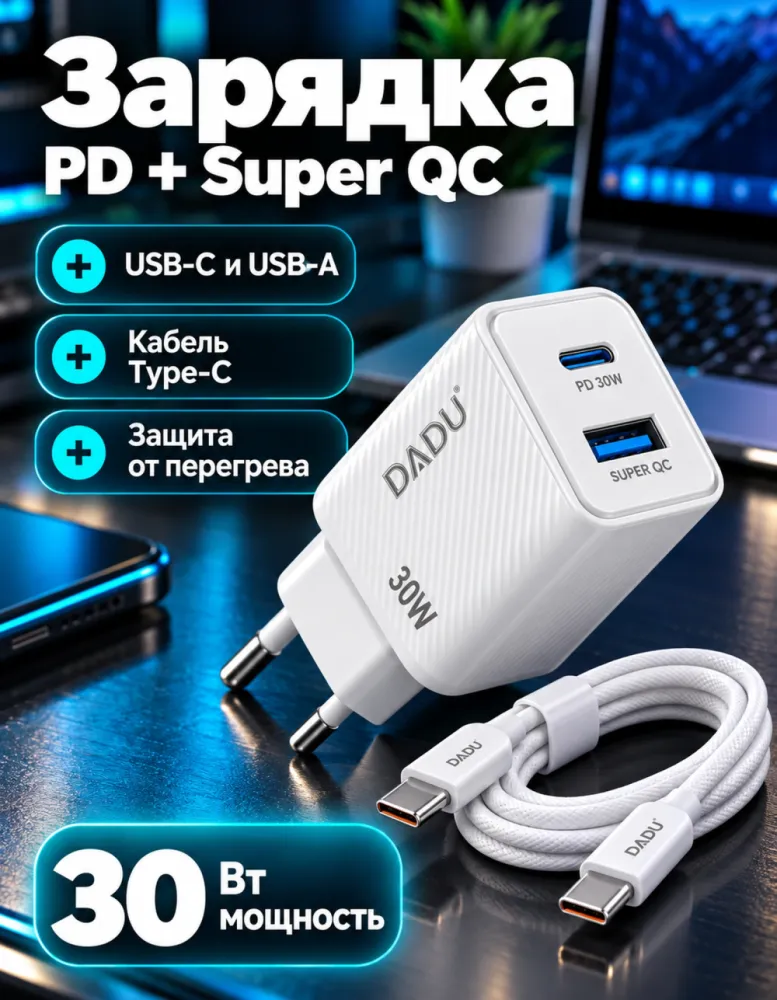 Сетевое зарядное устройство DADU DC-603 30 Вт PD + Super QC, USB-C и USB-A, с кабелем C — Type-C, белое