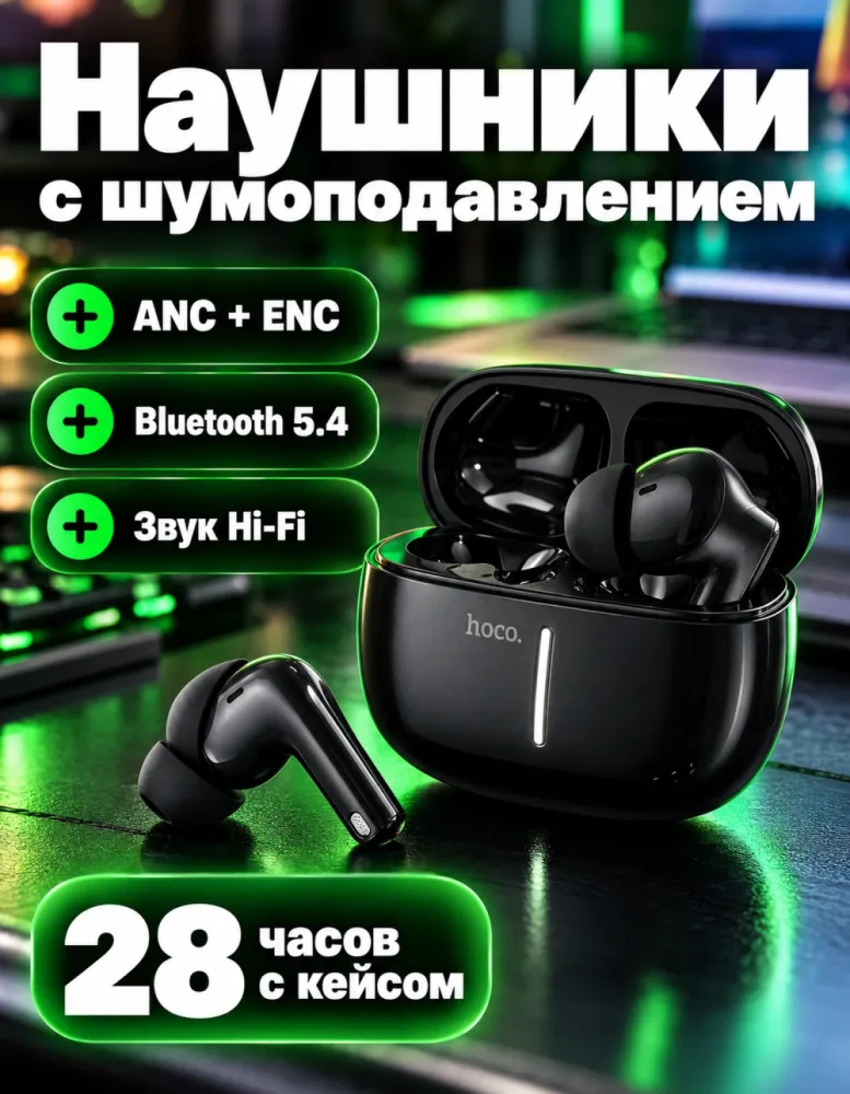 Беспроводные наушники hoco EQ34 Plus с шумоподавлением ANC+ENC, Bluetooth 5.4, чёрные