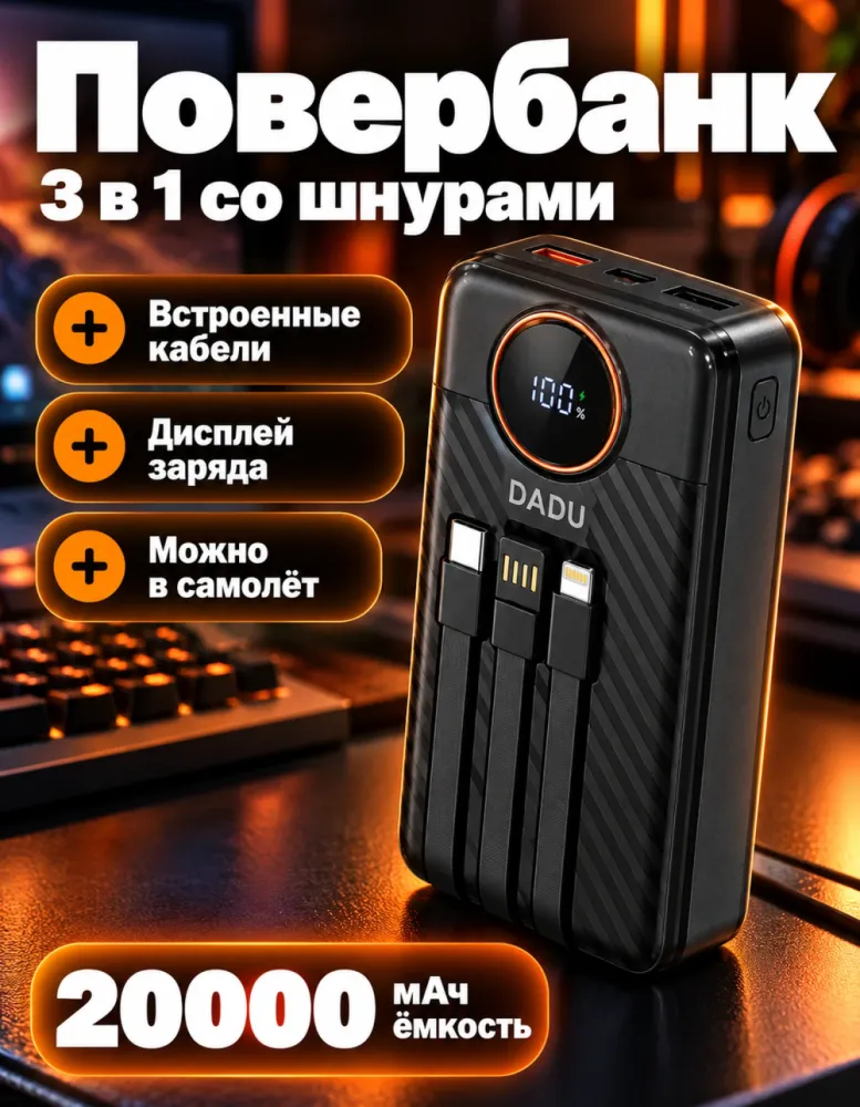 Внешний аккумулятор DADU 3 в 1 20000 мАч со встроенными кабелями и дисплеем, чёрный