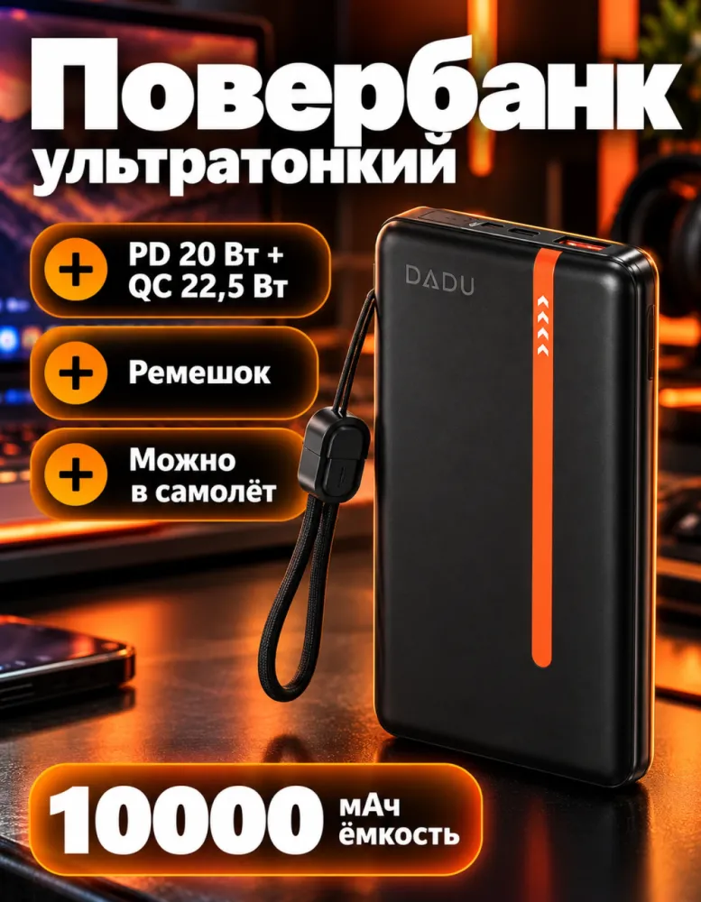 Внешний аккумулятор DADU DP-094 10000 мАч ультратонкий PD 20 Вт + QC 22,5 Вт, чёрный