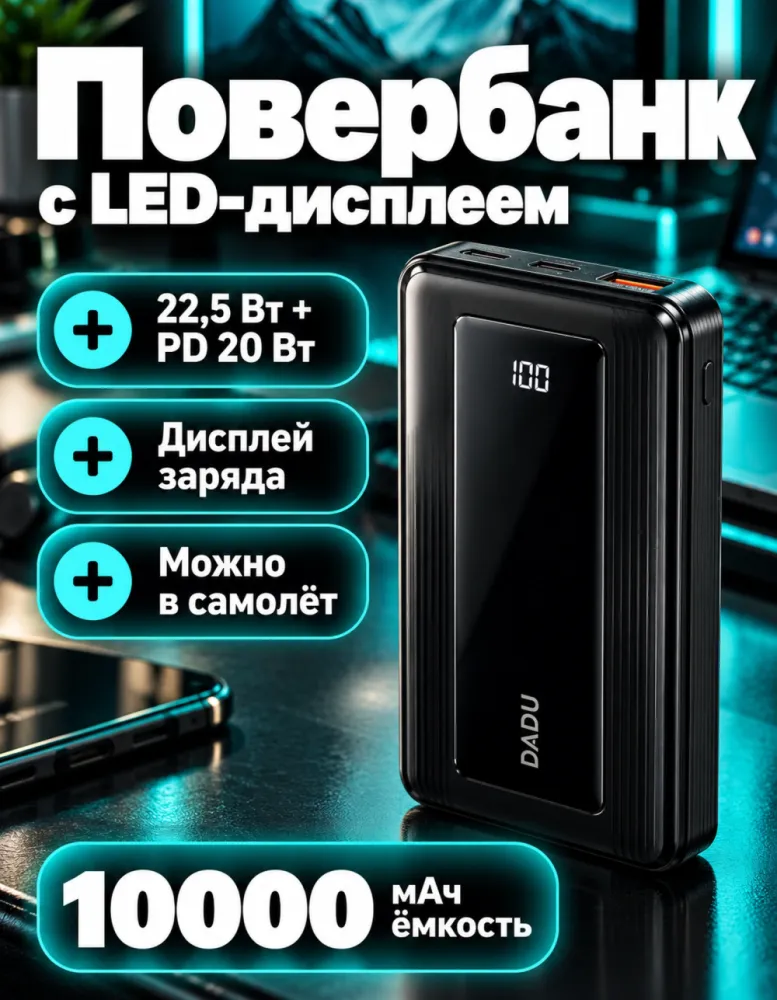 Внешний аккумулятор DADU DP-061 10000 мАч 22,5 Вт + PD 20 Вт с LED-дисплеем, чёрный