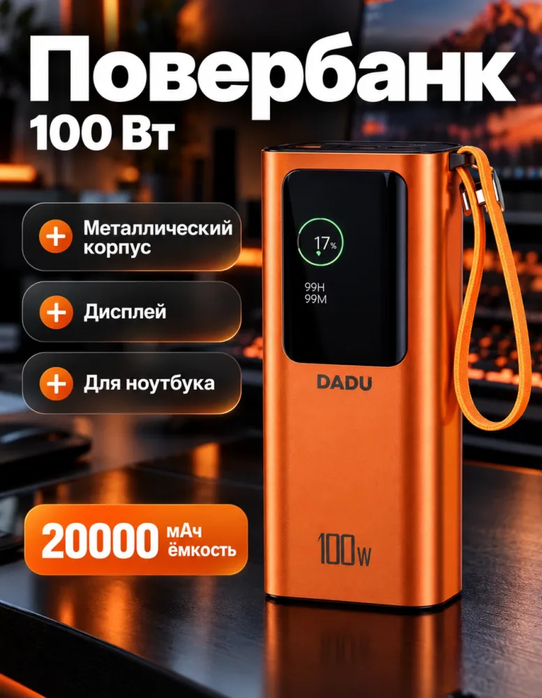 Внешний аккумулятор DADU 20000 мАч 100 Вт в металлическом корпусе, оранжевый