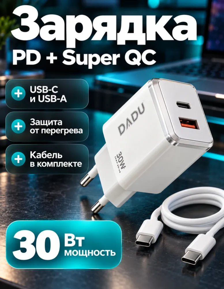 Сетевое зарядное устройство DADU 30 Вт PD + Super QC, USB-C и USB-A, с кабелем, белое
