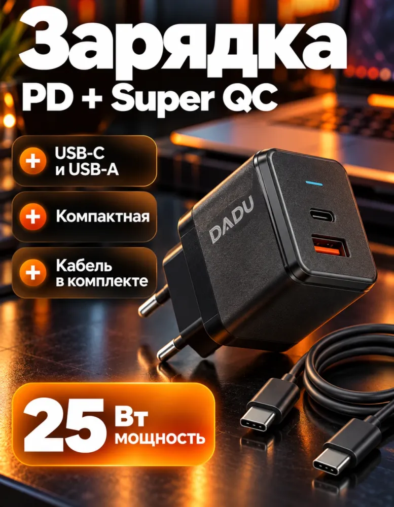 Сетевое зарядное устройство DADU DC-336-C PD 25 Вт + Super QC, USB-C и USB-A, с кабелем, чёрное