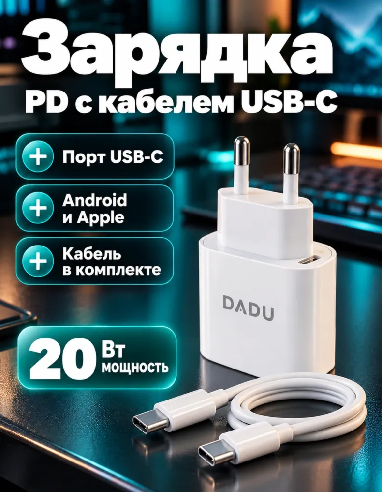 Сетевое зарядное устройство DADU DC-035 PD 20 Вт с кабелем USB-C — USB-C, белое