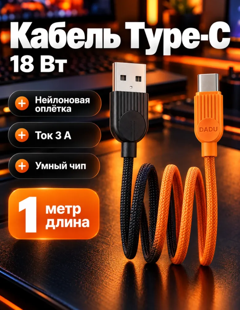 Кабель DADU DC-C240 USB — Type-C 18 Вт, 1 м, в нейлоновой оплётке