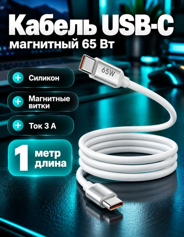 Кабель DADU DC-C231 магнитный USB-C — USB-C 65 Вт, 1 м, силиконовый, белый