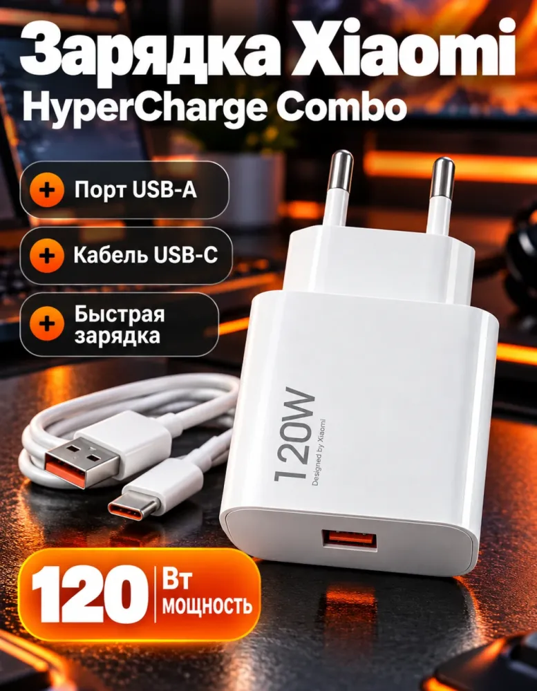 Сетевое зарядное устройство Xiaomi 120W HyperCharge Combo (Type-A) с кабелем USB-C, белое