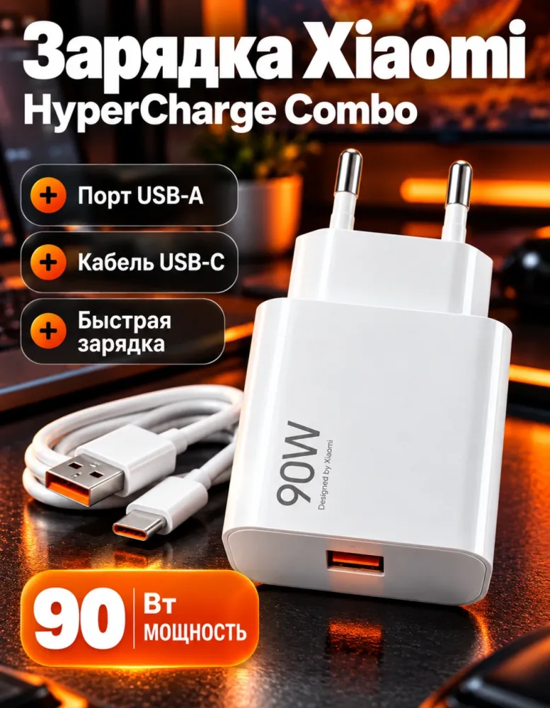 Сетевое зарядное устройство Xiaomi 90W HyperCharge Combo (Type-A) с кабелем USB-C, белое