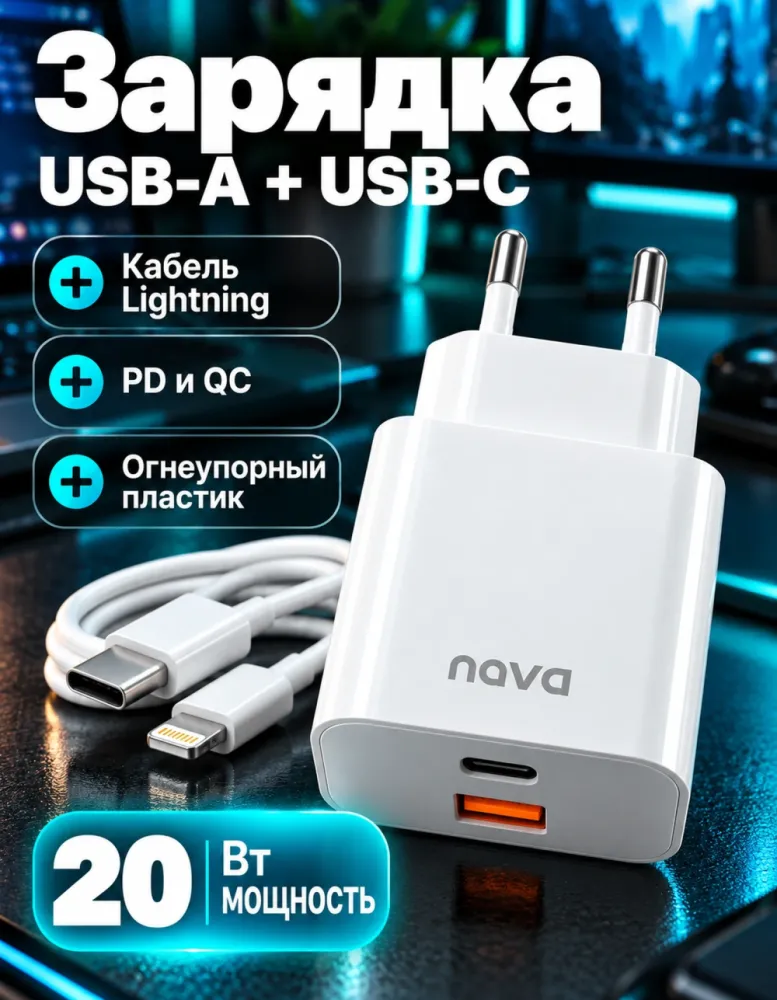Сетевое зарядное устройство DADU DC-346 20 Вт USB-A + USB-C с кабелем USB-C — Lightning, белое