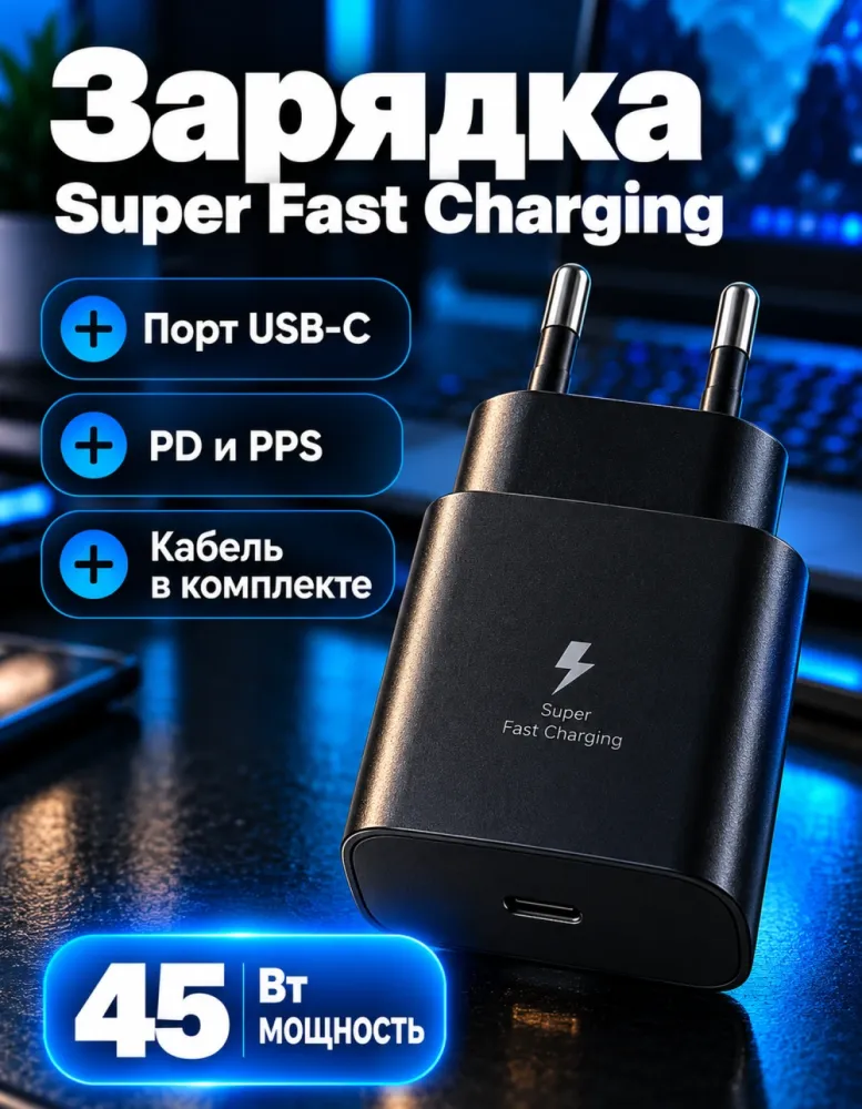 Сетевое зарядное устройство 45 Вт PD EP-TA845, USB-C, с кабелем, чёрное