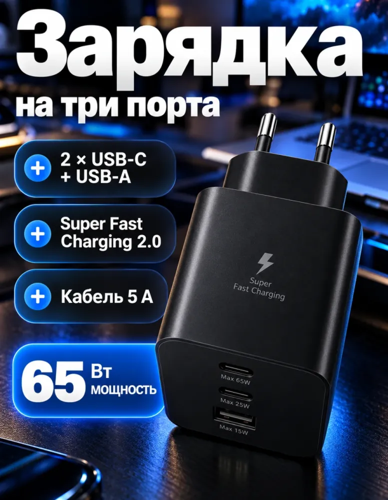 Сетевое зарядное устройство 65 Вт PD Trio EP-T6530, 2 × USB-C + USB-A, с кабелем, чёрное