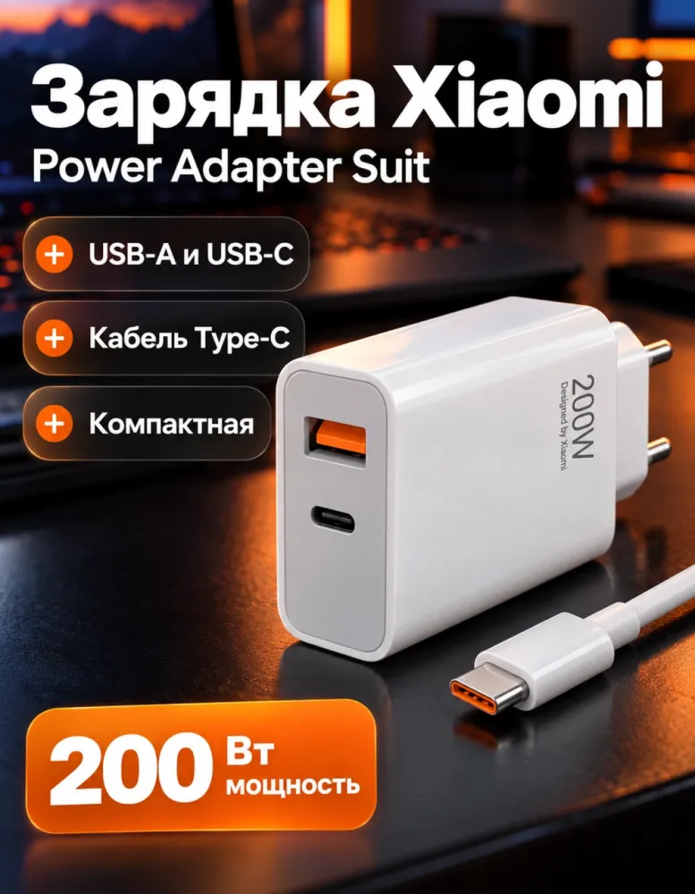 Сетевое зарядное устройство Xiaomi 200W Power Adapter Suit, USB-A + USB-C, с кабелем Type-C
