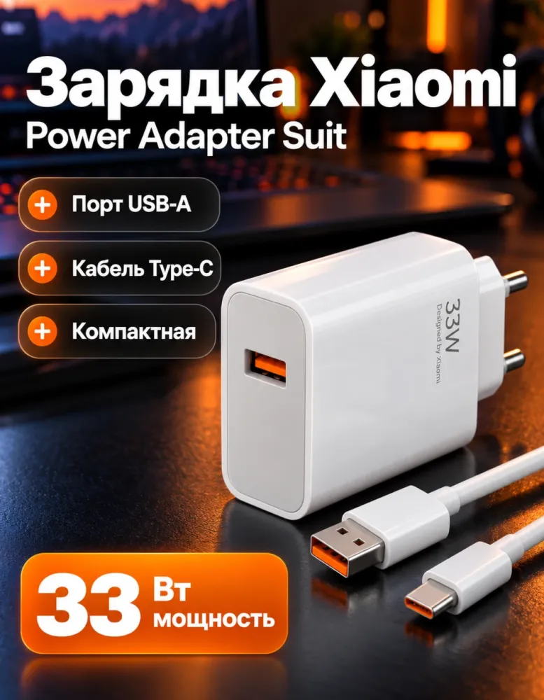 Сетевое зарядное устройство Xiaomi 33W Power Adapter Suit с кабелем Type-C, белое