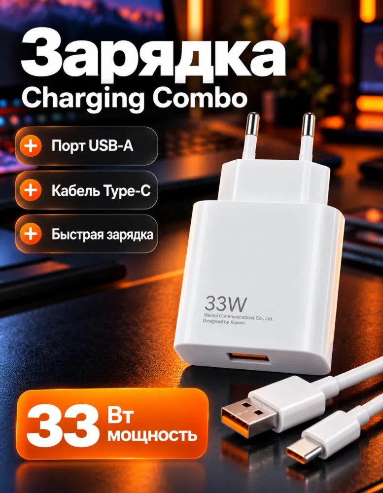 Сетевое зарядное устройство Xiaomi 33W HyperCharge Combo (Type-A) с кабелем USB-C, белое