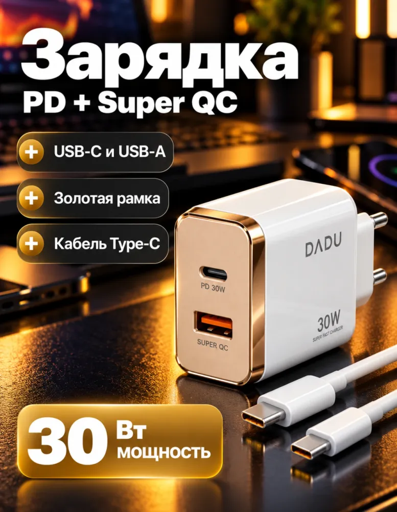 Сетевое зарядное устройство DADU DC-380 Golden 30 Вт PD + Super QC с кабелем Type-C