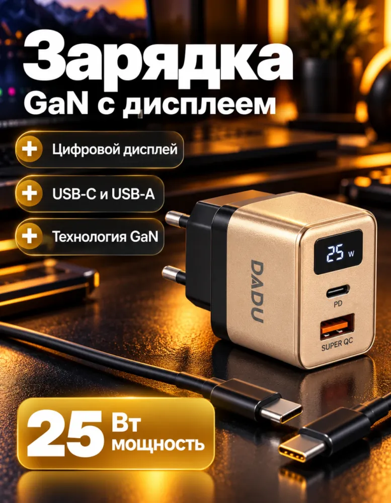 Сетевое зарядное устройство DADU DC-336D 25 Вт GaN с цифровым дисплеем, USB-C + USB-A