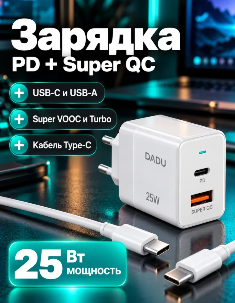 Сетевое зарядное устройство DADU DC-338-D PD 25 Вт + Super QC с кабелем Type-C, белое