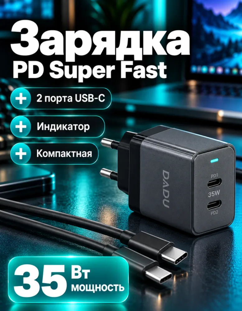 Сетевое зарядное устройство DADU DC-336-B PD 35 Вт, 2 × USB-C, чёрное