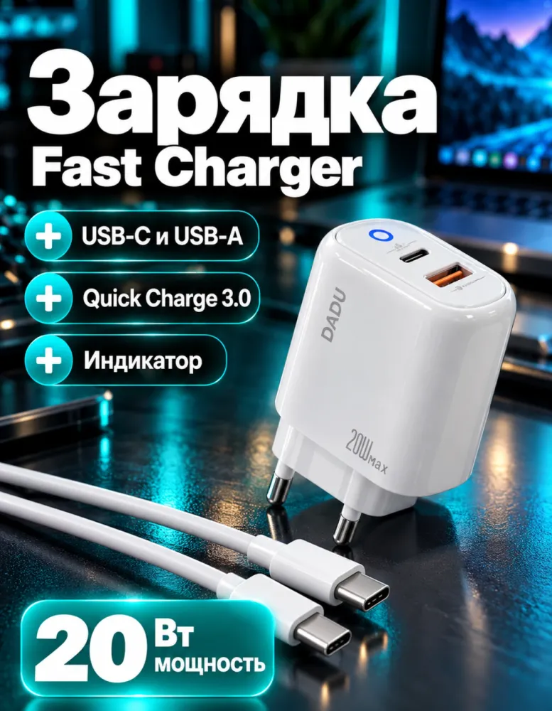 Сетевое зарядное устройство DADU DC-292 20 Вт PD + QC3.0, USB-C + USB-A