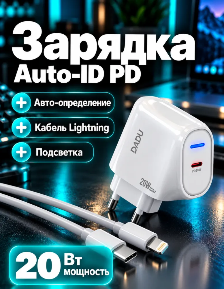Сетевое зарядное устройство DADU DC-309 Auto-ID PD 20 Вт с кабелем USB-C — Lightning