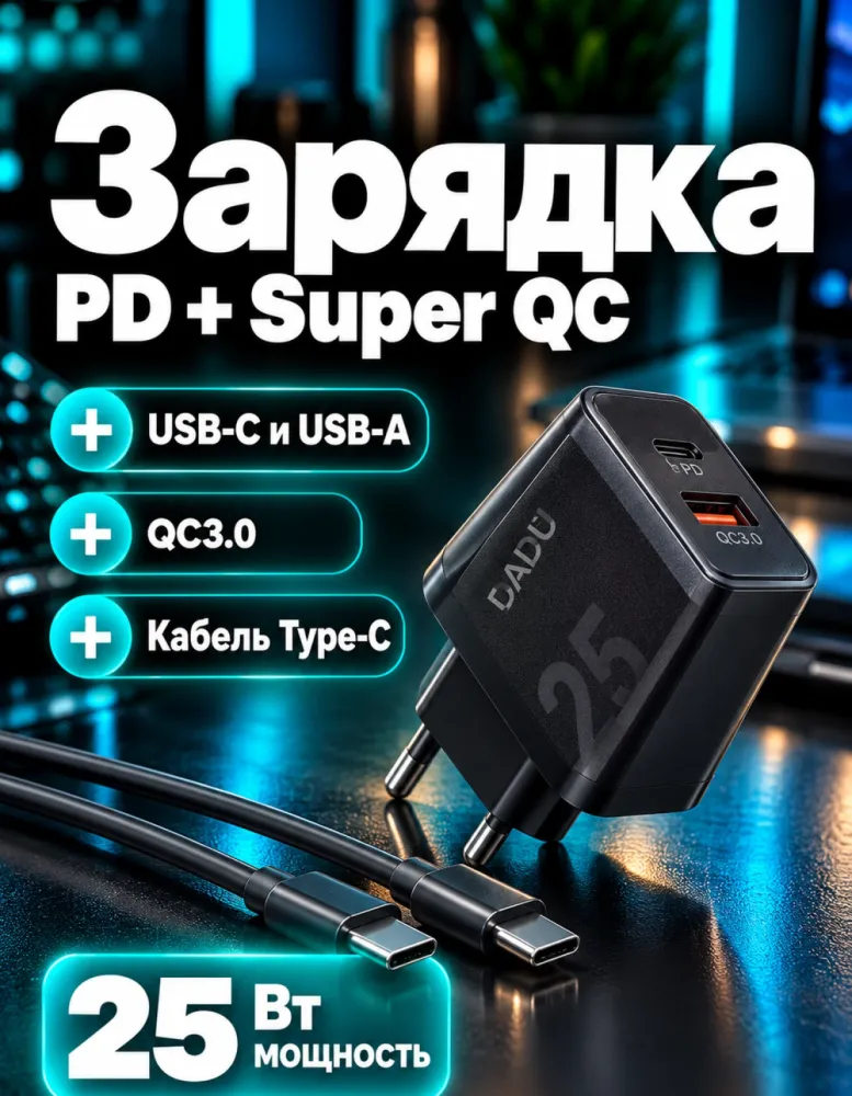 Сетевое зарядное устройство DADU DC-389 25 Вт PD + QC3.0, USB-C + USB-A, чёрное