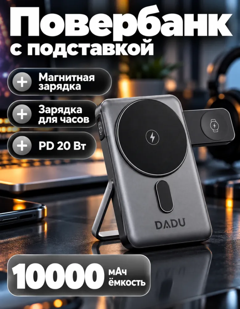 Внешний аккумулятор DADU DP-087 магнитный 10000 мАч с подставкой и зарядкой для часов