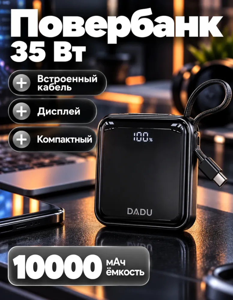 Внешний аккумулятор DADU DP-072 10000 мАч 35 Вт со встроенным кабелем