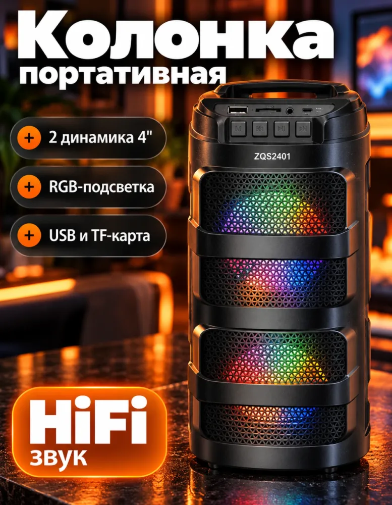 Портативная колонка Sing-e ZQS2401 Colorful Bass Speaker 4"×2 с RGB-подсветкой