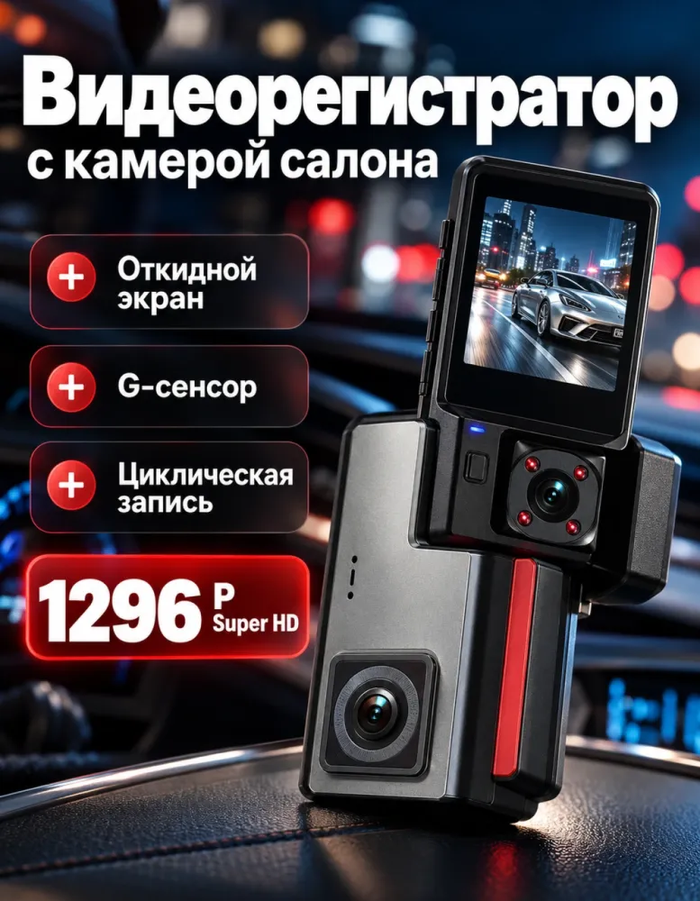 Видеорегистратор Traffic Recorder Super HD 1296P с камерой салона