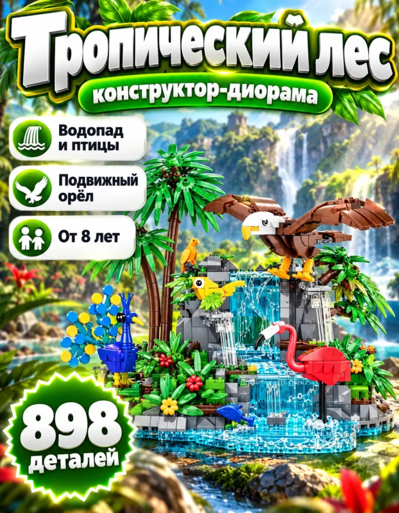 Конструктор Тропический лес 6026 с водопадом и птицами, 898 деталей