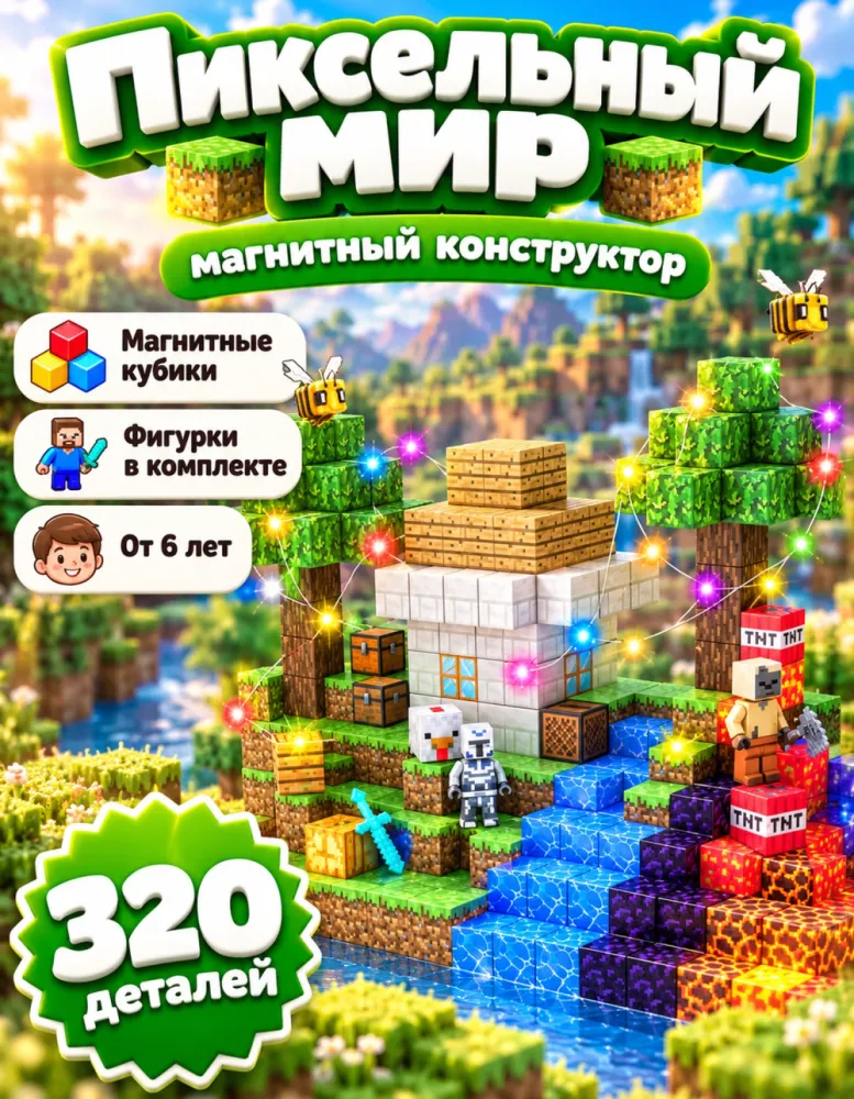 Магнитный конструктор Пиксельный мир 3602 с фигурками, 320 деталей