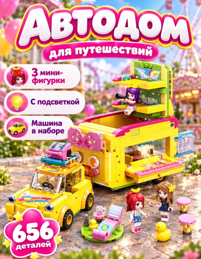 Конструктор Qman 31014 Автодом утёнка Черри с подсветкой, 656 деталей