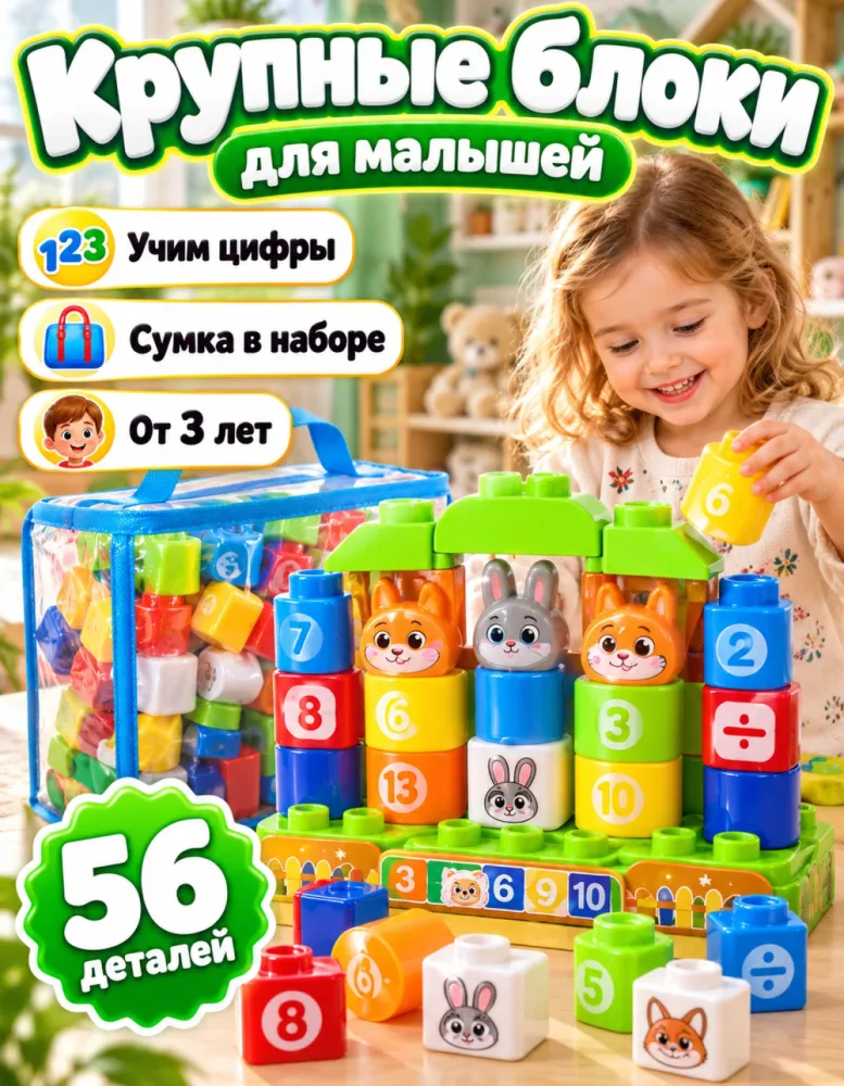 Конструктор крупные блоки с цифрами и зверятами, 56 деталей