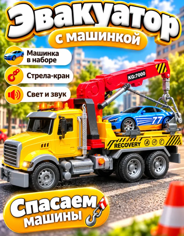 Эвакуатор игрушечный с машинкой, свет и звук