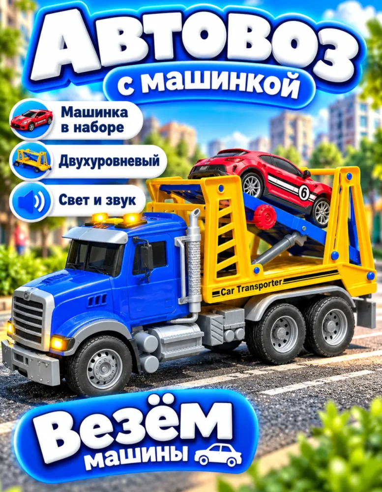 Автовоз игрушечный с машинкой, свет и звук