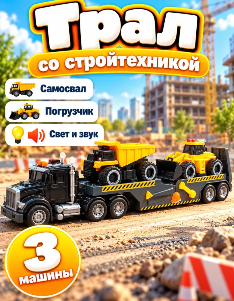 Трал с дорожной техникой: самосвал и погрузчик