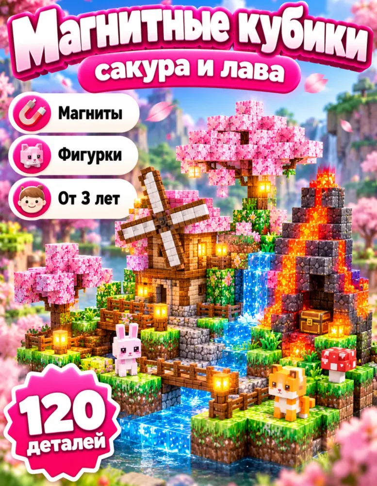 Магнитный конструктор Magnetic Building Cubes сакура и лава, 120 деталей