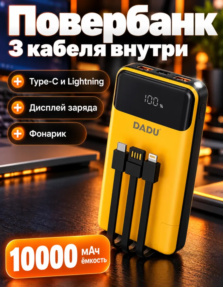 Внешний аккумулятор DADU DP-090 10000 мАч 22,5 Вт с тремя встроенными кабелями и фонариком