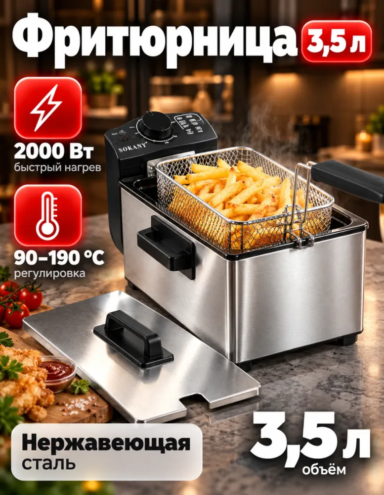 Фритюрница SOKANY WJ-800, 3,5 л, 2000 Вт