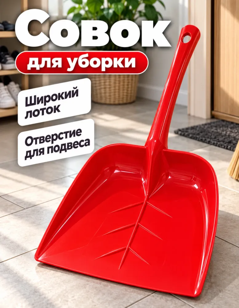 Совок пластиковый с ручкой, красный