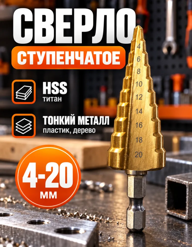 Сверло ступенчатое по металлу 4–20 мм, титановое покрытие
