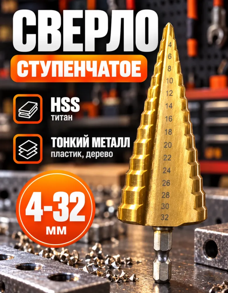 Сверло ступенчатое по металлу 4–32 мм, титановое покрытие